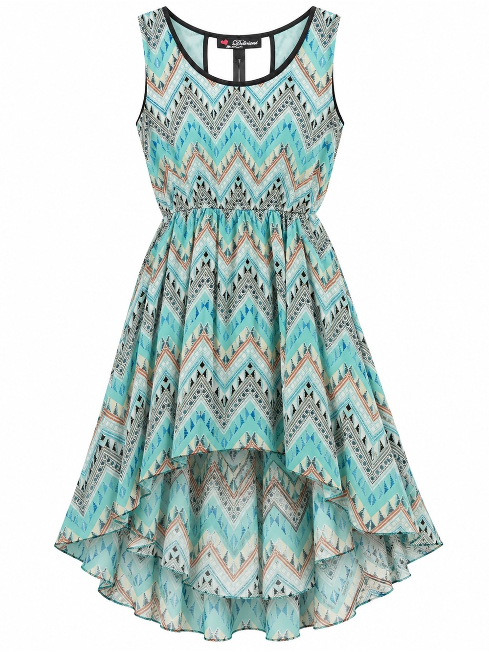 Delirious Aqua and Tan Geometric High Low Dress